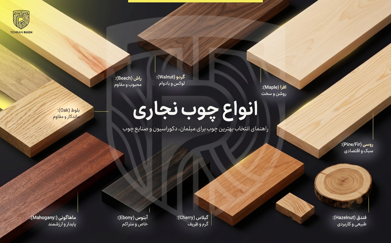 اینفوگرافیک انواع چوب نجاری شامل چوب راش، گردو، افرا، بلوط، ماهون، گیلاس، آبنوس، چوب روسی و فندق